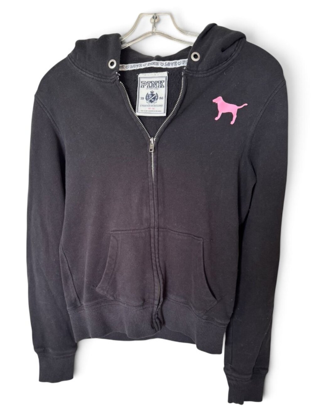 Y2K Rare Victoria's Secret PINK Full Zip Hoodie, Black with Pink Logos, Medium